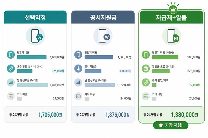 선택약정, 공시지원금, 자급제 알뜰요금제 세 가지 구매유형 비용 비교 일러스트